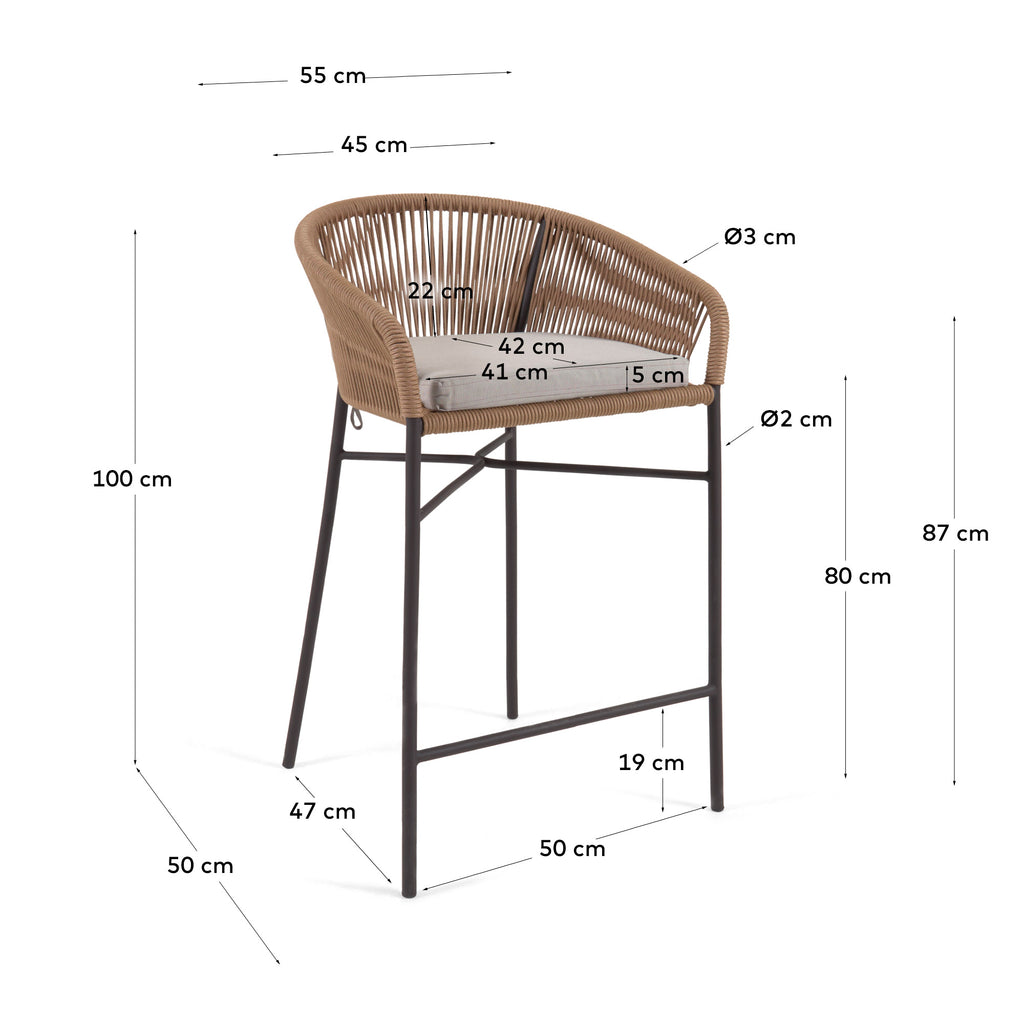 Tabouret Yanet en corde beige et acier galvanisé, hauteur 80 cm