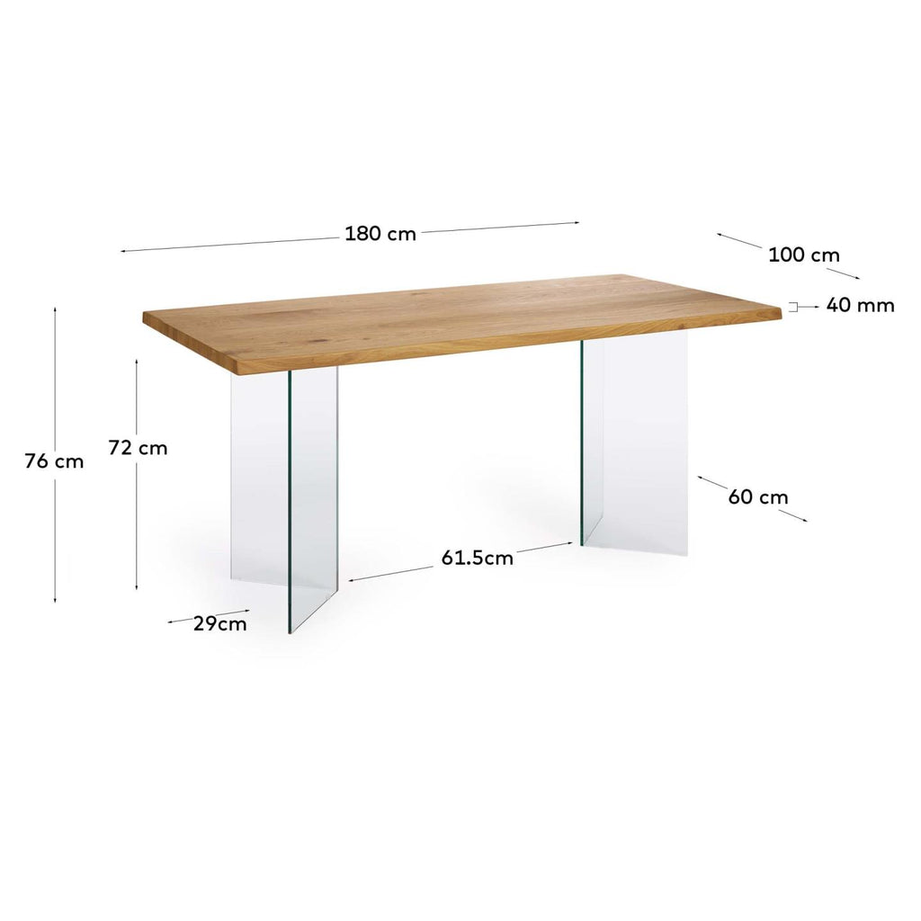 Table Lotty en contreplaqué de chêne finition naturelle et pieds en verre 180 x 100 cm