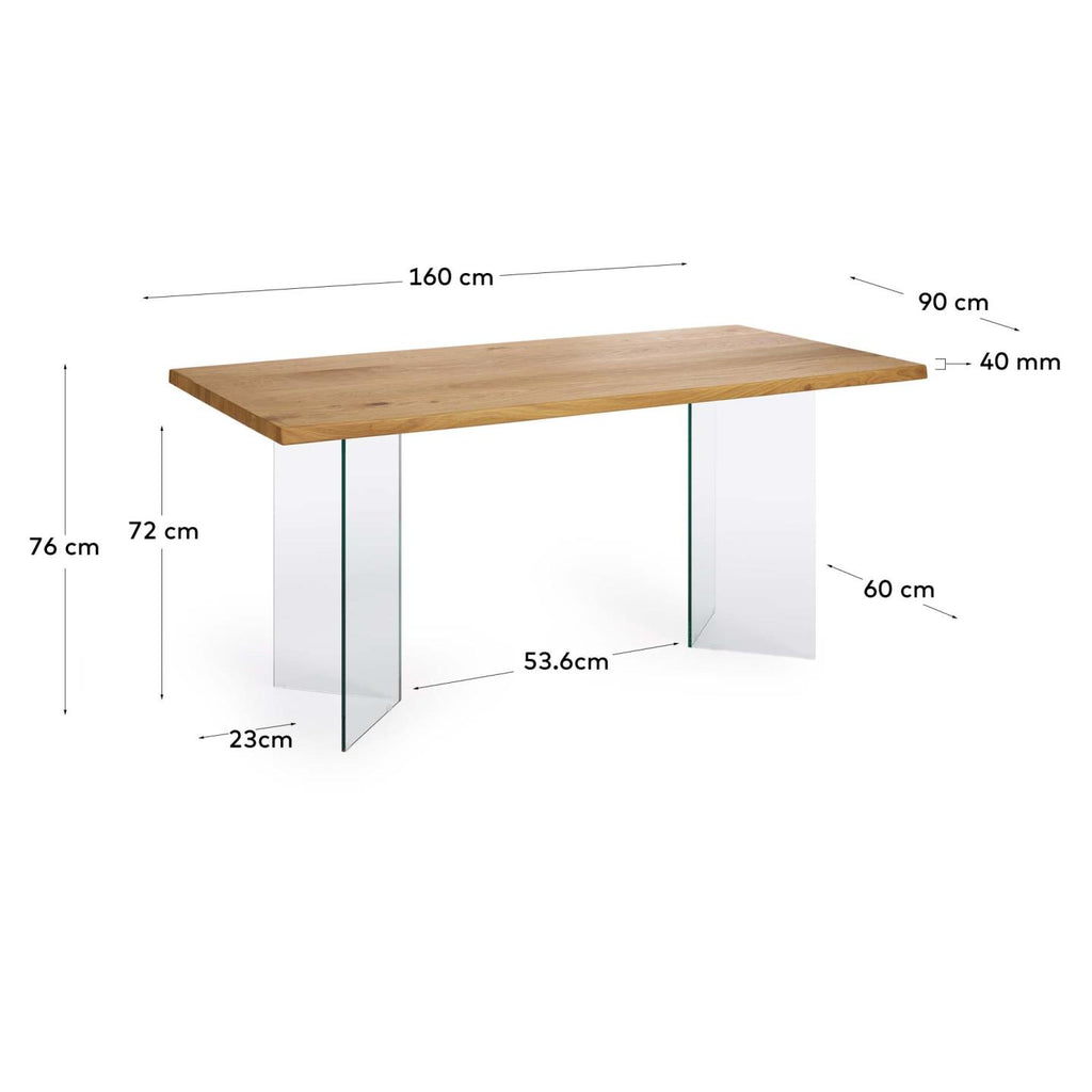 Table Lotty en contreplaqué de chêne finition naturelle et pieds en verre 160 x 90 cm