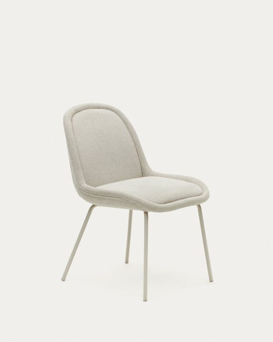 Chaise Aimin en chenille beige et pieds en acier peint beige mat FSC Mix Credit