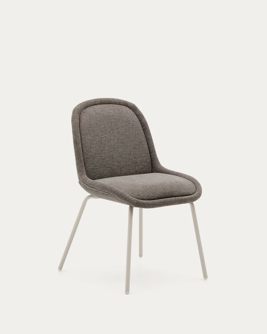 Chaise Aimin en chenille marron clair et pieds en acier peint beige mat FSC Mix Credit