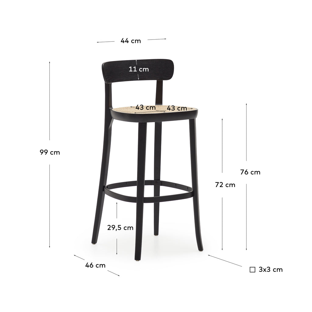 Tabouret Romane en bois de hêtre noir avec placage de frêne et rotin hauteur 75 cm
