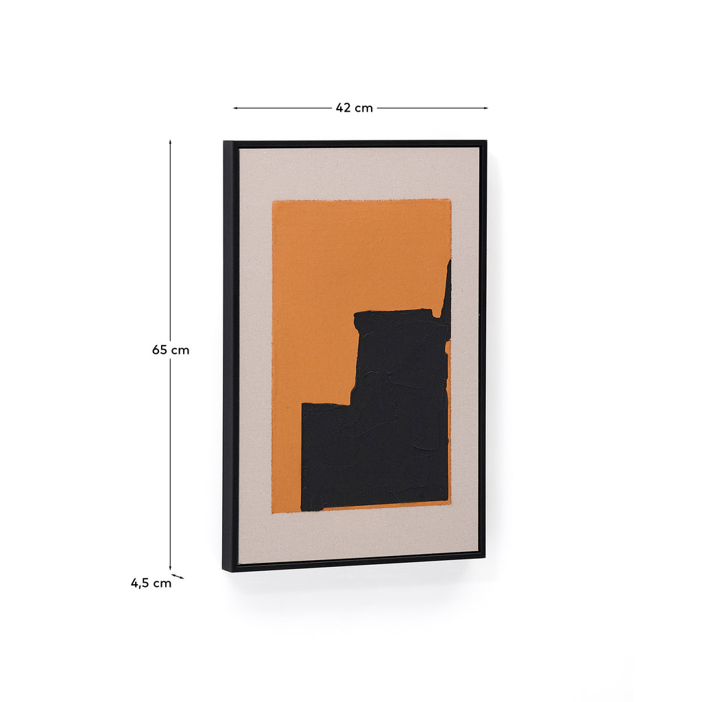 Tableau abstrait Zernu en lin orange et noir peint à la main 42 x 65 cm