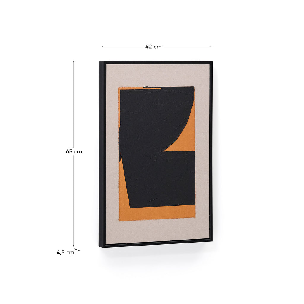 Tableau abstrait Zernu en lin orange et noir peint à la main 42 x 65 cm