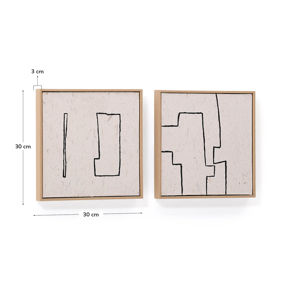 Lot de 2 tableaux abstraits Neyra en papier recyclé peint à la main en noir et beige 30 x 30 cm