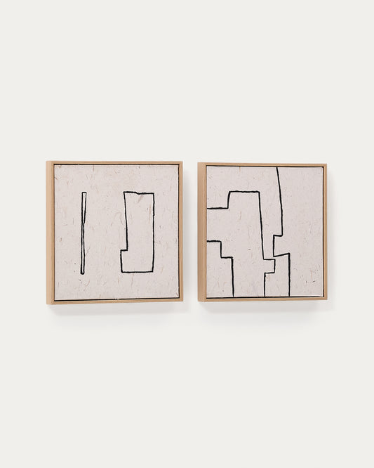 Lot de 2 tableaux abstraits Neyra en papier recyclé peint à la main en noir et beige 30 x 30 cm