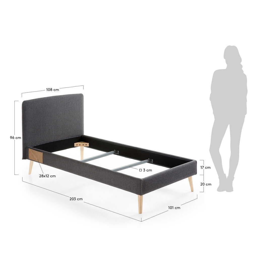 Lit déhoussable Dyla noir avec pieds en bois de hêtre pour matelas de 90 x 190 cm