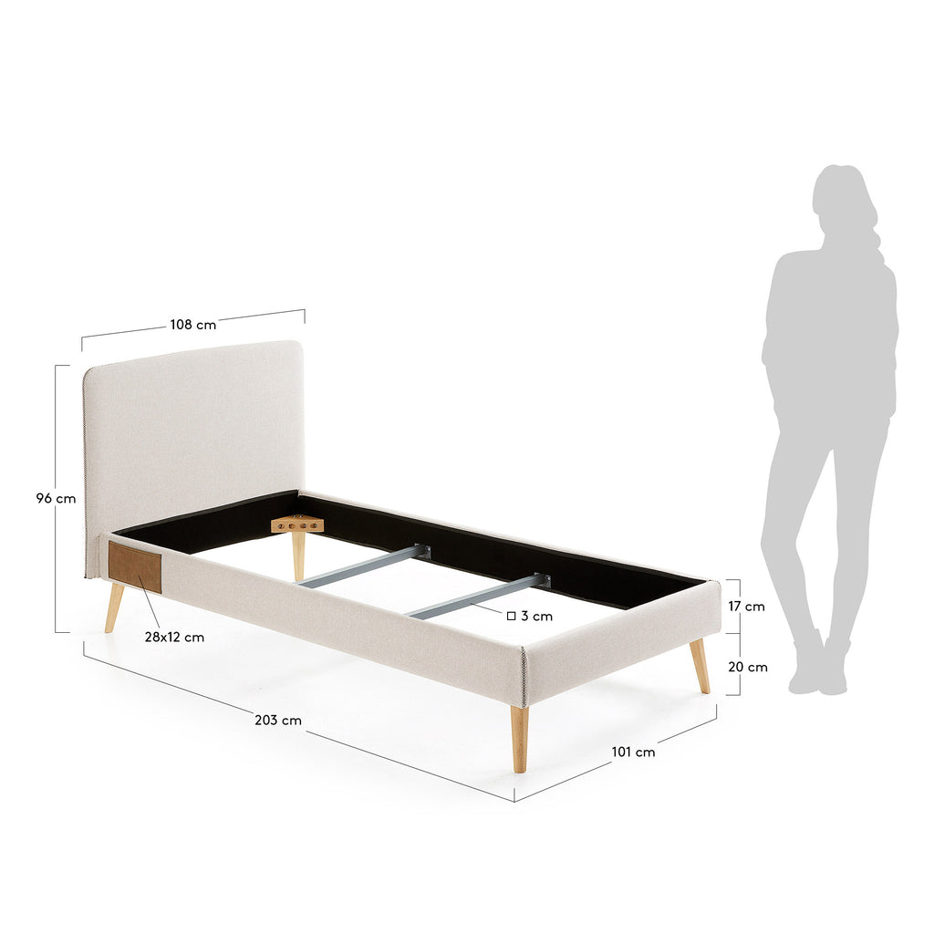 Lit déhoussable Dyla beige avec pieds en bois de hêtre pour matelas de 90 x 190 cm