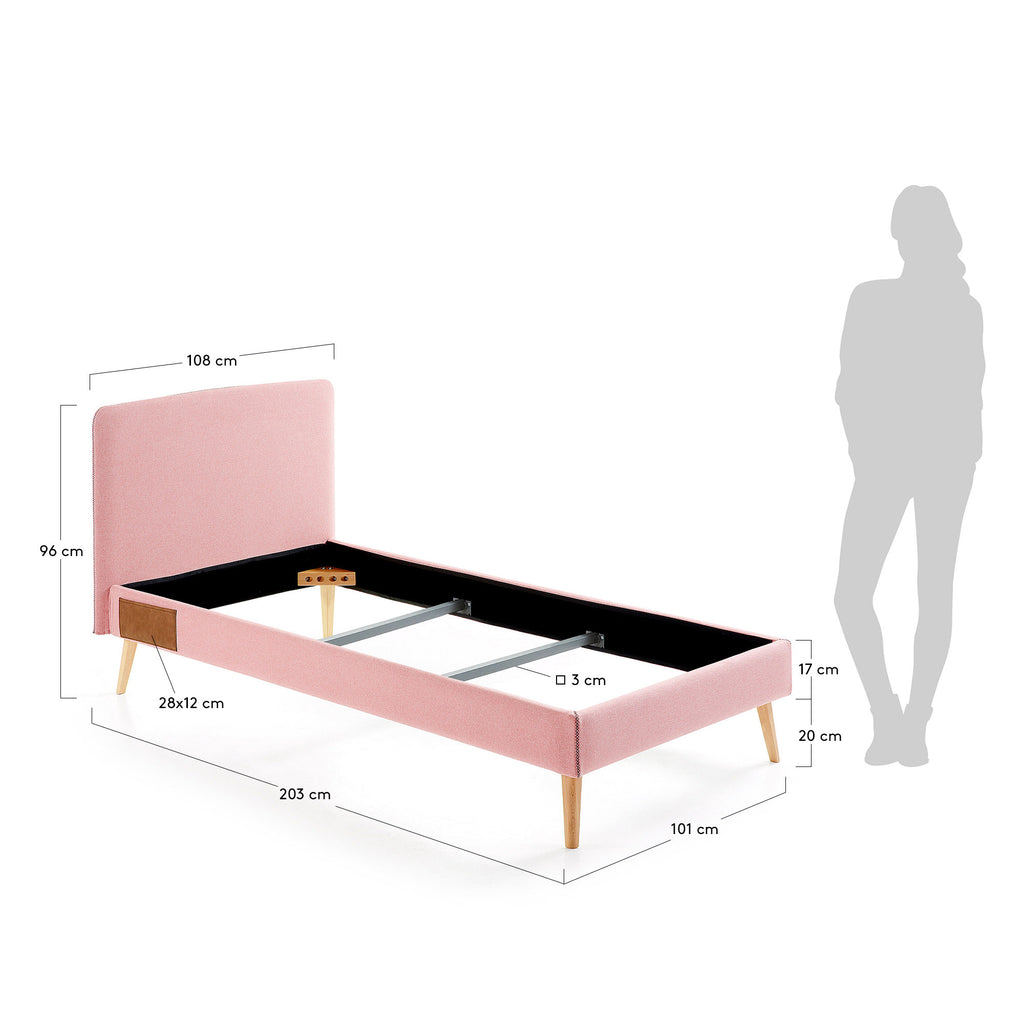 Lit déhoussable Dyla rose avec pieds en bois de hêtre pour matelas de 90 x 190 cm