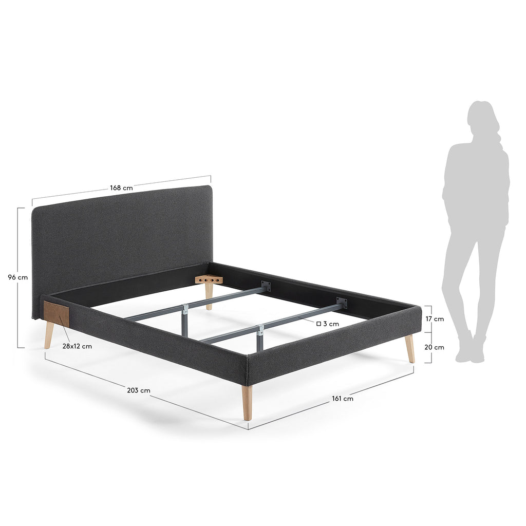 Lit déhoussable Dyla noir avec pieds en bois de hêtre pour matelas de 150 x 190 cm
