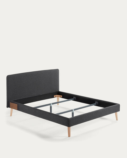 Lit déhoussable Dyla noir avec pieds en bois de hêtre pour matelas de 150 x 190 cm