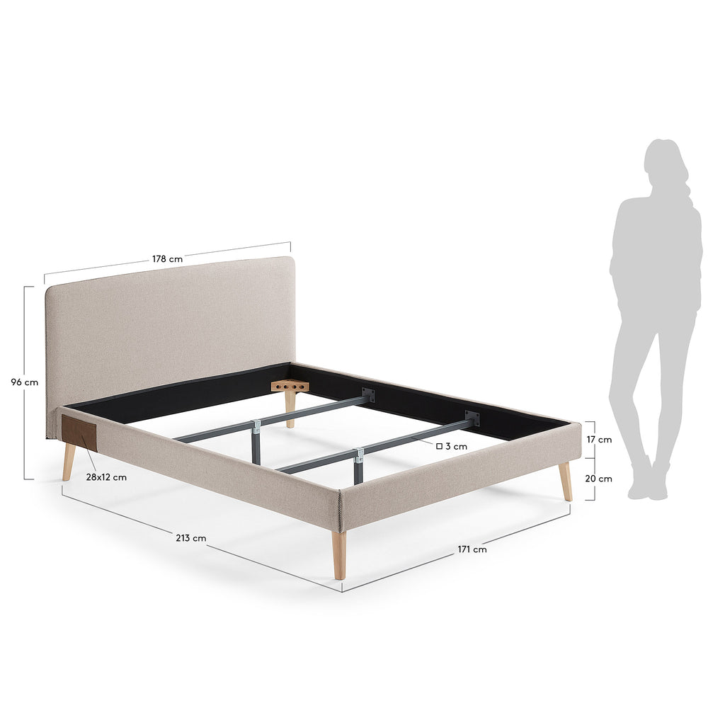 Lit déhoussable Dyla beige avec pieds en bois de hêtre pour matelas de 160 x 200 cm