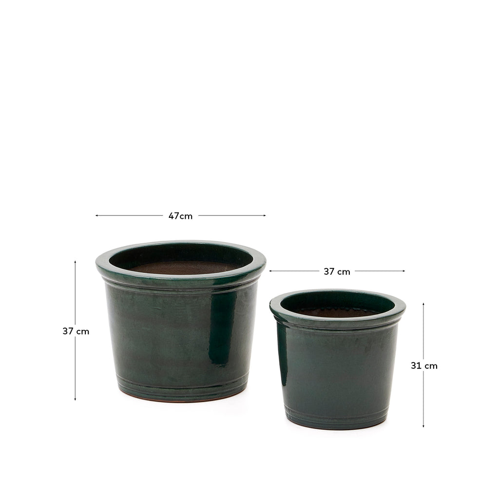 Ensemble Presili de 2 pots de fleurs en céramique, finition verte vernissé Ø 37 / 47 cm