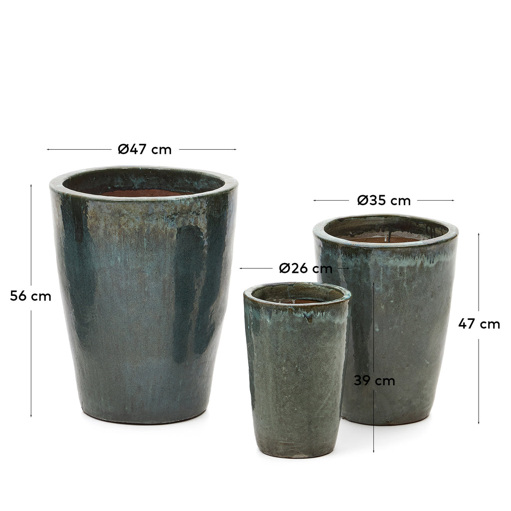 Ensemble Rotja de 3 pots de fleurs en terre cuite, finition verte émaillée Ø 26 / 35 / 47 cm