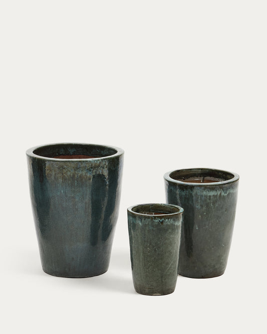 Ensemble Rotja de 3 pots de fleurs en terre cuite, finition verte émaillée Ø 26 / 35 / 47 cm