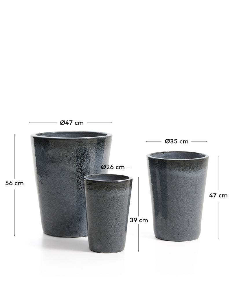 Ensemble Rotja de 3 pots de fleurs en terre cuite, finition bleue émaillée Ø 26 / 35 / 47 cm