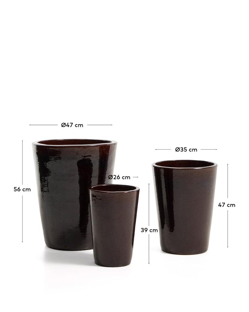 Ensemble Rotja de 3 pots de fleurs en terre cuite, finition grenat émaillée Ø 26 / 35 / 47 cm