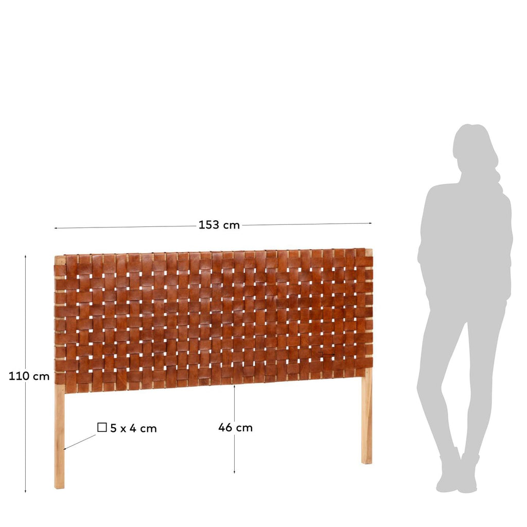 Tête de lit Calixta en bois de teck massif et cuir avec finition naturelle pour lit jusqu’à 150 cm