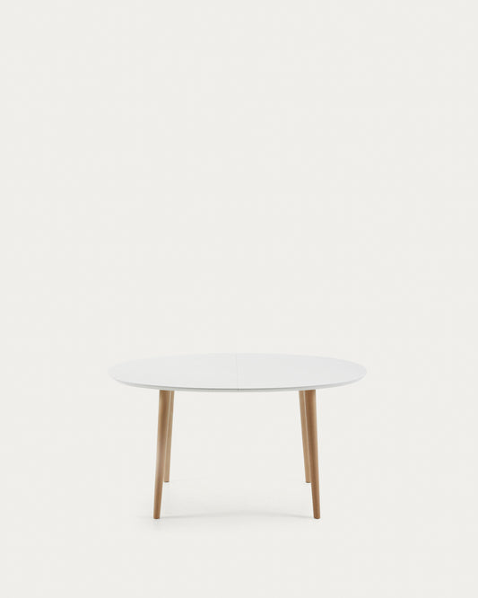 Table extensible ovale Oqui MDF laqué blanc et pieds bois hêtre 140 (220) x 90 cm