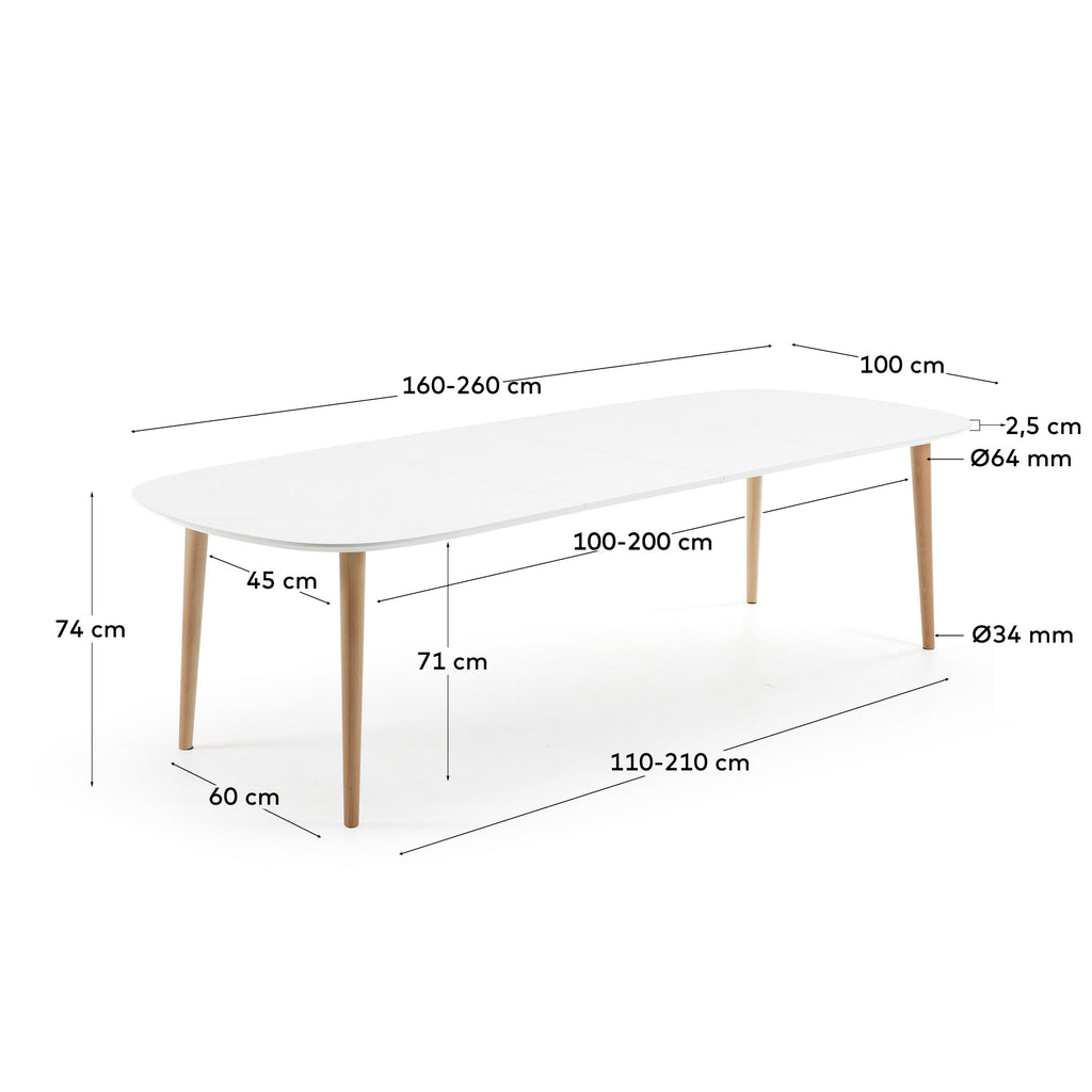 Table extensible Oqui MDF laqué blanc et pieds en bois de hêtre 160 (260) x 100 cm