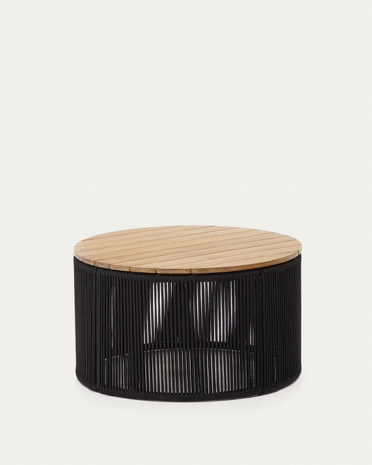 Table basse Dandara en acier, corde noire et bois d'acacia Ø70 cm FSC 100 %