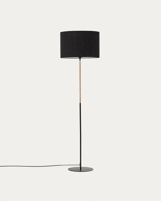 Lampe sur pied Canar en métal et rotin avec abat-jour en coton noir