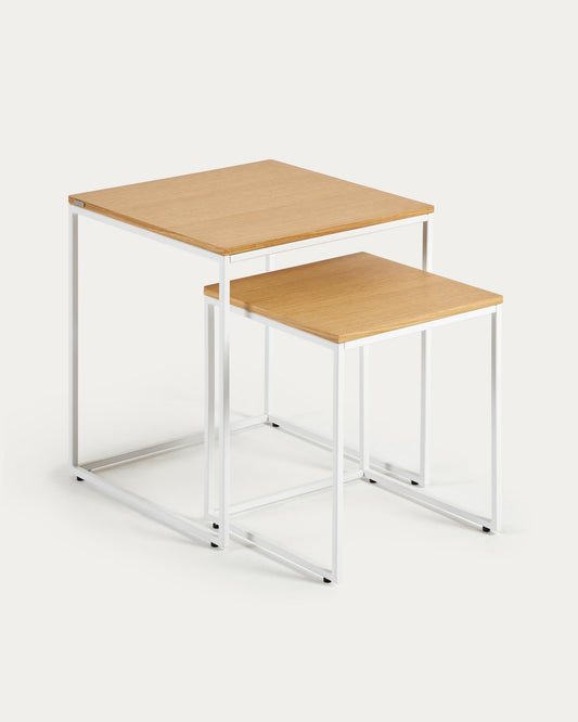 Ensemble 2 tables d'appoint gigognes Yoana en placage de chêne et structure en métal blanc