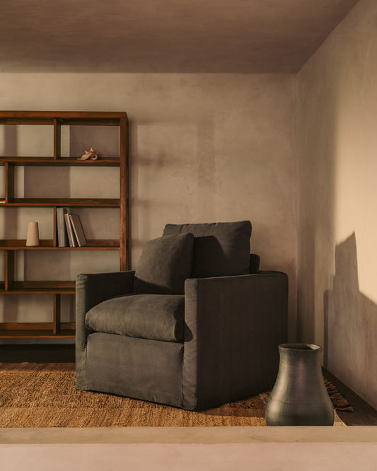 Fauteuil déhoussable Nora avec coussin en lin et coton gris anthracite 92 cm