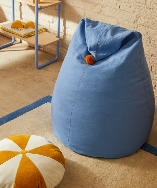 Pouf Olvi en coton bleu avec pompon moutarde Ø 60 cm