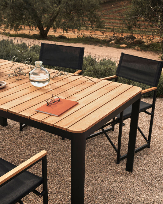 Table 100 % d'extérieur Bona bois de teck et aluminium finition noire 200 x 100 cm