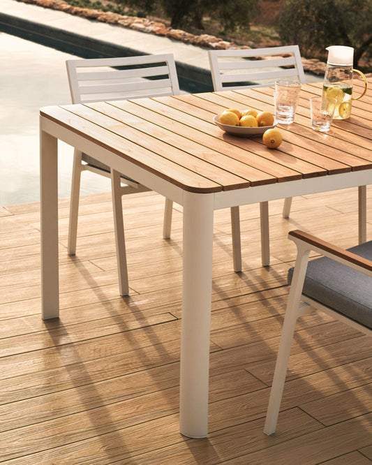 Table 100% d'extérieur Bona bois de teck et aluminium finition blanche 200 x 100 cm
