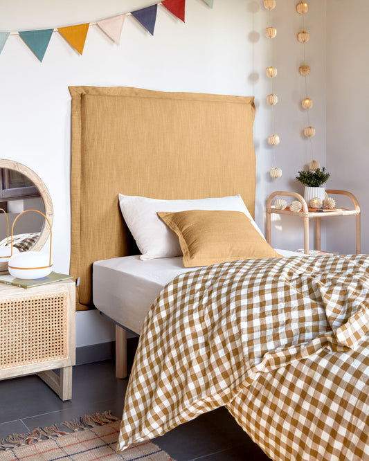 Tête de lit déhoussable Tanit en lin jaune moutarde pour lit jusqu’à 90 cm