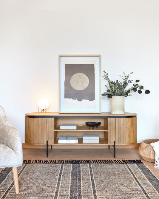 Meuble TV Licia 2 portes en bois de manguier et métal noir 160 x 56 cm