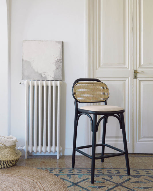 Tabouret Doriane bois d'orme finition laquée noir 65 cm siège avec revêtement