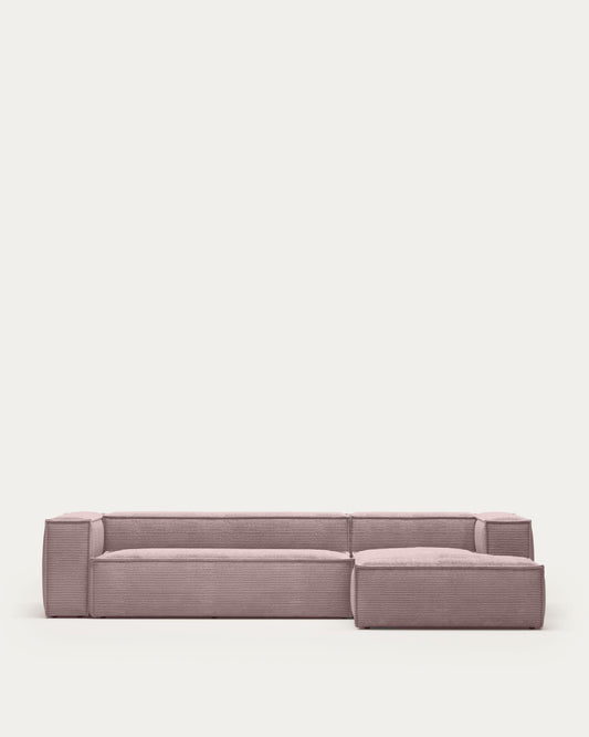 Canapé Blok 4 places méridienne droite velours à grosses côtes rose 330 cm