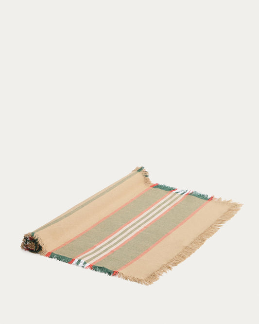 Chemin de table Davia 100 % coton à rayures vertes et à franges 50 x 150 cm