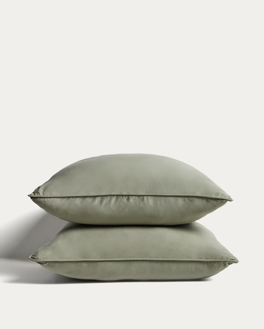 Ensemble Sirale de 2 taies d’oreiller 100 % satin de coton fini lavé vert 65 x 65 cm