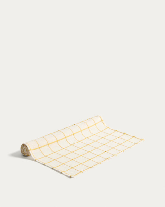 Chemin de table Adesta en coton 100 % écru à carreaux jaunes 50 x 150 cm