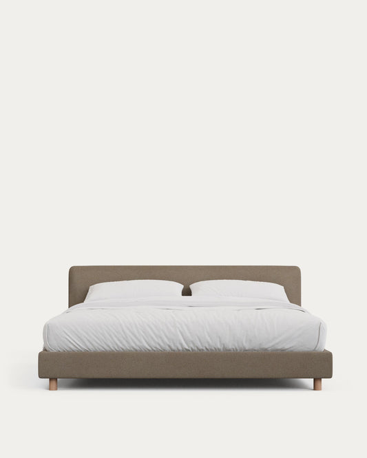 Lit déhoussable Valma en chenille marron et pieds en bois de hêtre pour matelas de 180 x 200 cm