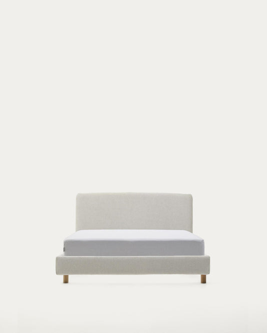 Cadre de lit déhoussable Valma en tissu chenille perle avec pieds en bois de hêtre pour lit de 90 x 200 cm.