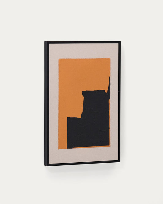 Tableau abstrait Zernu en lin orange et noir peint à la main 42 x 65 cm