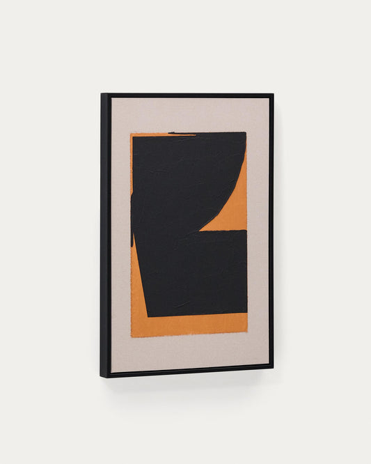 Tableau abstrait Zernu en lin orange et noir peint à la main 42 x 65 cm