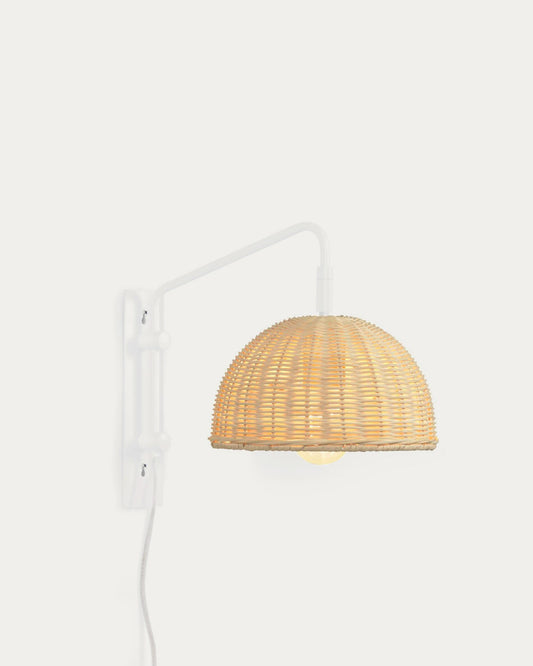 Applique Damila en métal peint blanc et rotin finition naturelle