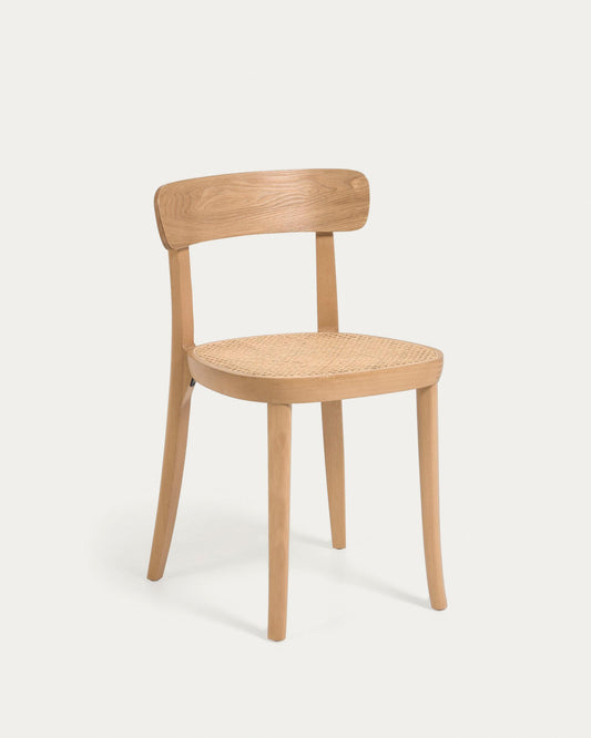 Chaise Romane en bois de hêtre naturel, placage de frêne et rotin