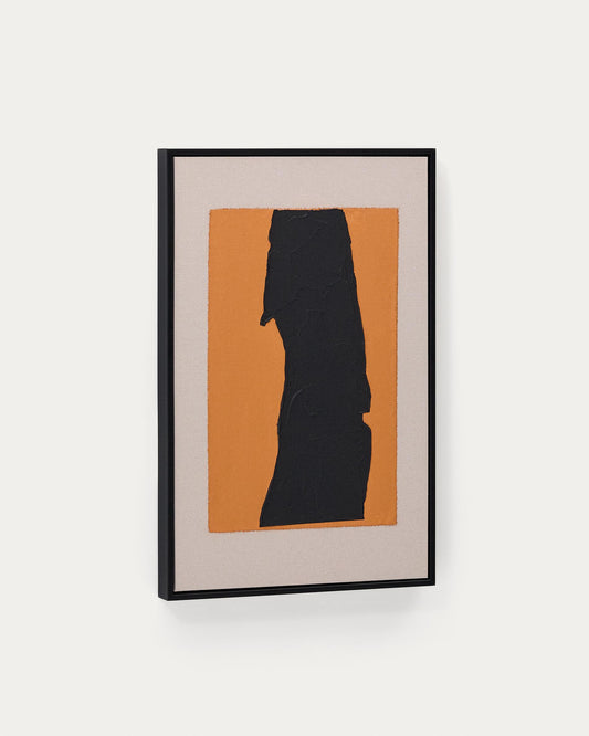 Tableau abstrait Zernu en lin orange et noir peint à la main 42 x 65 cm