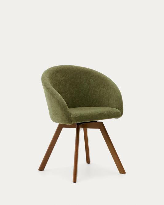 Chaise giratoire Marvin en chenille verte et pieds en bois de chêne finition noyer FSC 100%