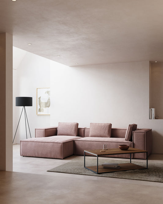 Canapé Blok 4 places en velours côtelé épais avec méridienne gauche rose 330 cm – Certifié FSC Mix Credit
