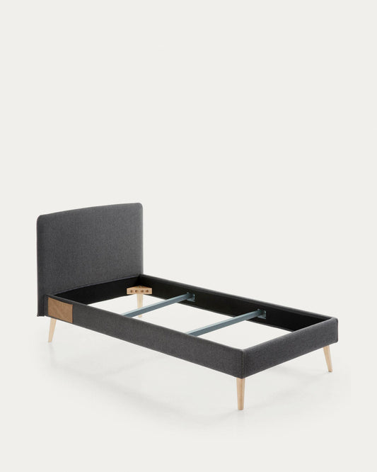 Lit déhoussable Dyla noir avec pieds en bois de hêtre pour matelas de 90 x 190 cm