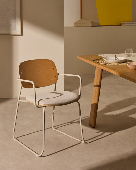 Chaise Meli en placage de frêne avec assise en chenille beige et structure en métal beige FSC Mix Credit