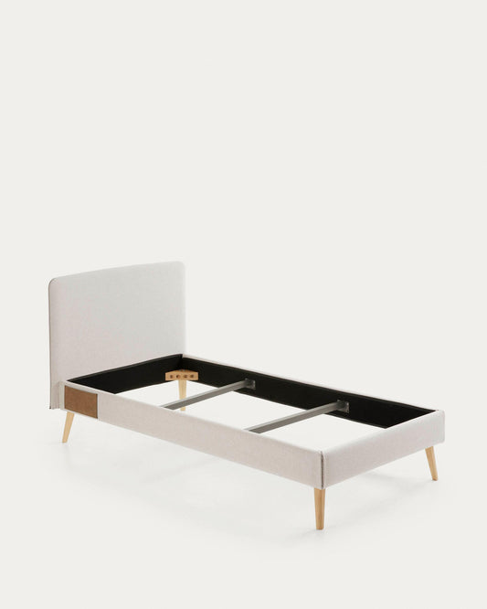 Lit déhoussable Dyla beige avec pieds en bois de hêtre pour matelas de 90 x 190 cm